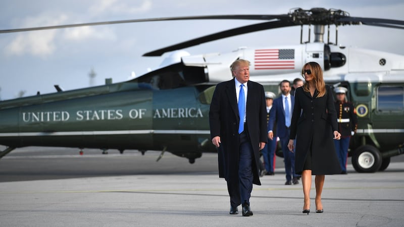 President Donald Trump and first lady Melania Trump make their way to board Air Force One at Shannon Airport to fly to Normandy, France, to attend the 75th D-Day Anniversary. Photograph: Mandel Ngan/AFP/Getty Images