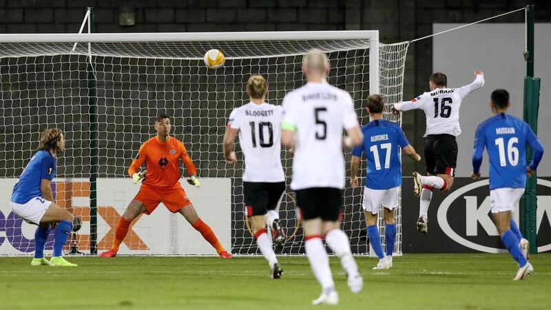 Dundalk’s Seán Murray heads home the opening goal during the Uefa Europa League Group B match against Molde at Tallaght Stadium. Photograph: Paul Faith/AFP via Getty Images