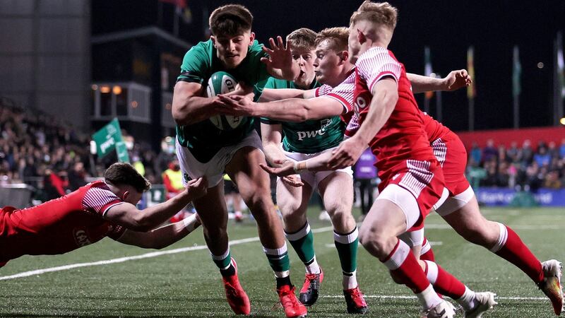 Ireland’s Chay Mullins scores a try during the Under-20 Six Nations Championship match against Wales at Musgrave Park in Cork. Photograph: Laszlo Geczo/Inpho