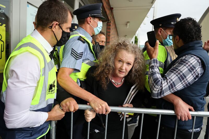 Prof Dolores Cahill being refused entry into the count centre for refusing to wear a mask. Photograph: Nick Bradshaw