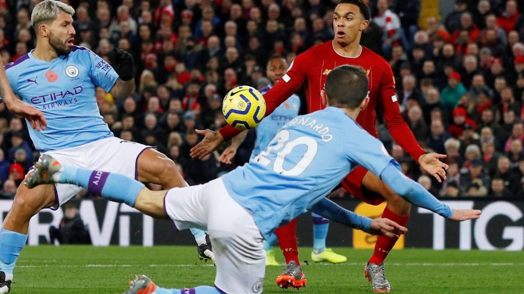 The controversial incident in which Liverpool’s Trent Alexander-Arnold appears to handle the ball in the penalty area. Photograph: Phil Noble/Reuters