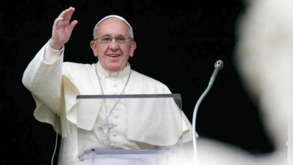 Pope Francis waves as he leads the Angelus prayer from the window of the Apostolic palace in Saint Peter’s Square today. Photograph: Reuters