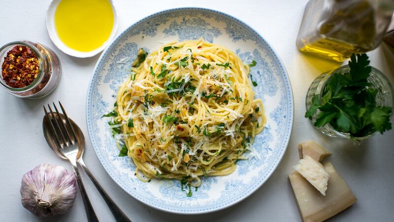 Spaghetti aglio e olio is made in the time it takes to cook the pasta in a pot of boiling salted water