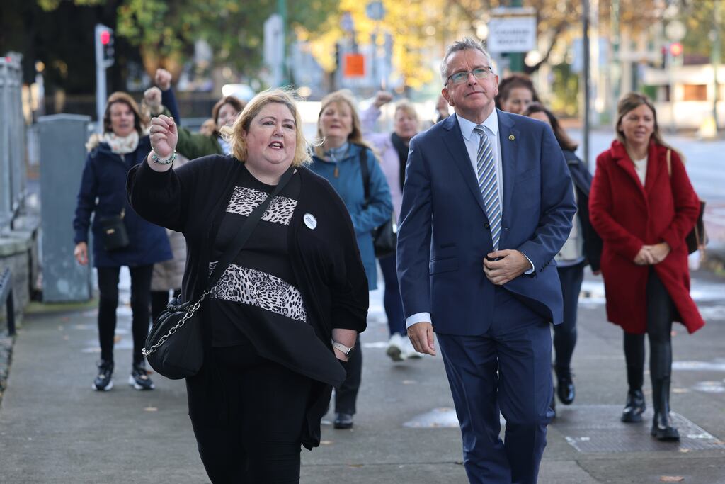 Jane Crowe, former Debenhams Henry Street shop steward, arriving at the Workplace Relations Commission with Gerry Light, general secretary, Mandate and former Debenhams staff members. Photograph: Dara Mac Dónaill