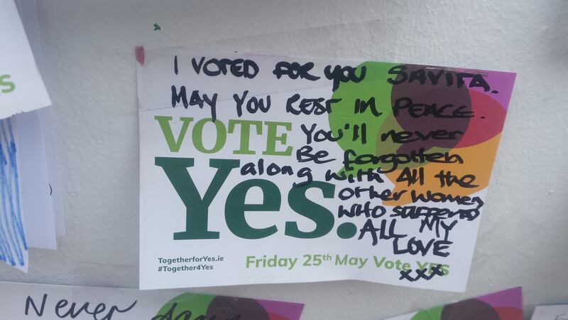 Hundreds of notes and messages have been left at a mural of Savita Halappanavar in Portobello, Dublin. Photograph: Tom Honan