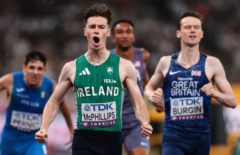 Cian McPhillips celebrates winning the 800m semi-final and setting a new national record at the World Athletics Championships in Tokyo. Photograph: Morgan Treacy/Inpho