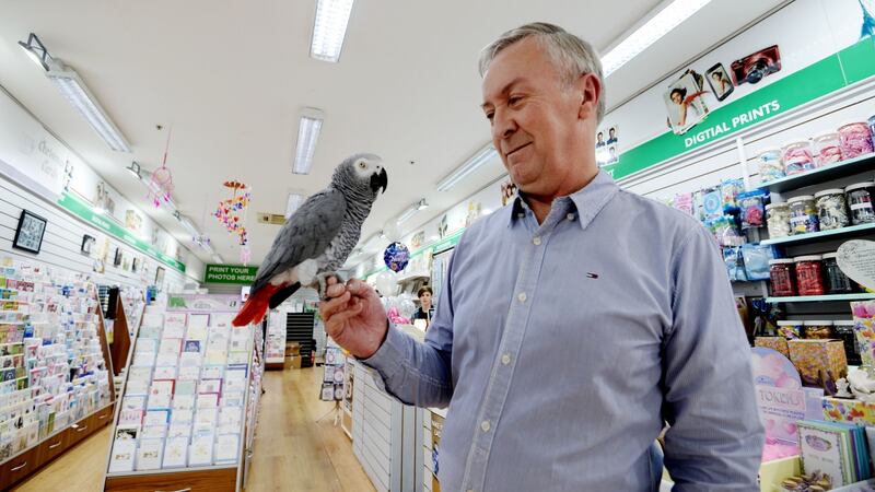Paul Barr with his parrot Pixie at Northside Photo Centre in  Northside Shopping Centre, Coolock. Photograph: Alan Betson / The Irish Times