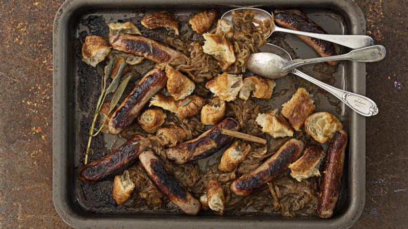 Baked sausages, cinnamon onions, crispy croissants. Photograph: Harry Weir