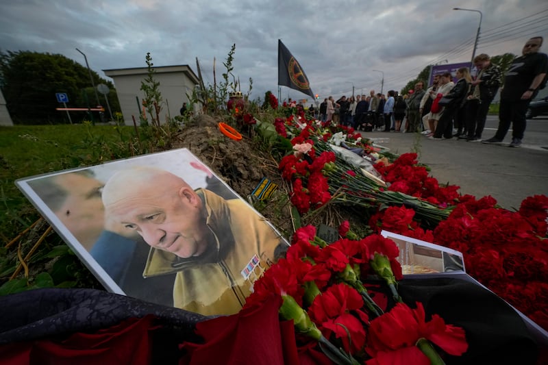 A tribute to Yevgeny Prigozhin at an informal memorial next to the former Wagner Centre in St Petersburg, Russia. Photograph: Dimitri Lovetsky/AP