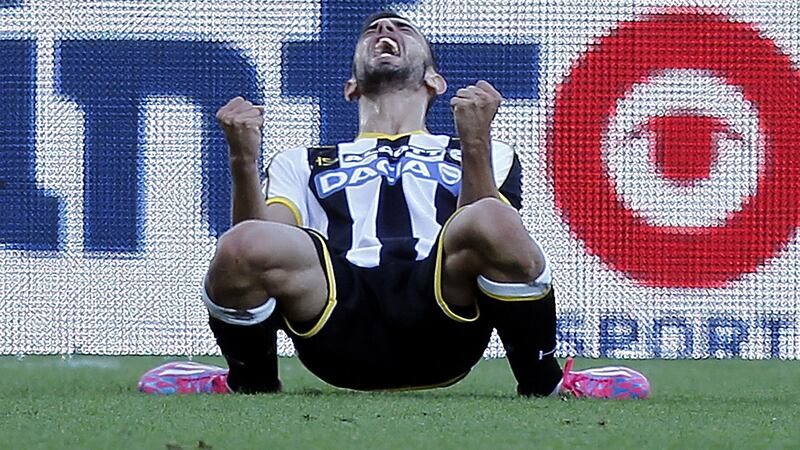 Bruno Fernandes celebrates scoring a goal during his time with Udinese in Italy. Photograph: Gabriele Maltinti/Getty Images