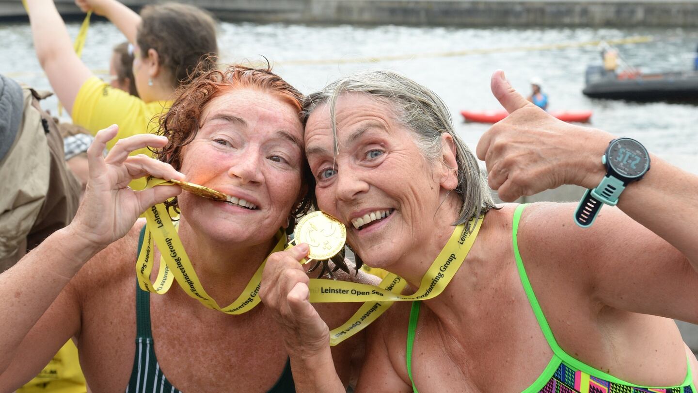 Patricia Heffernan and Deirdre Byrne Dunne celebrate finishing the women’s race. Photograph: Dara Mac Dónaill/The Irish Times