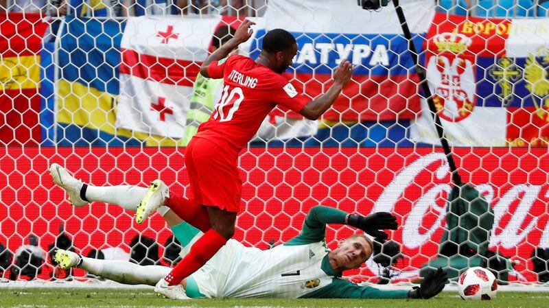 England’s Raheem Sterling misses a chance in the first half. Photograph: Max Rossi/Reuters
