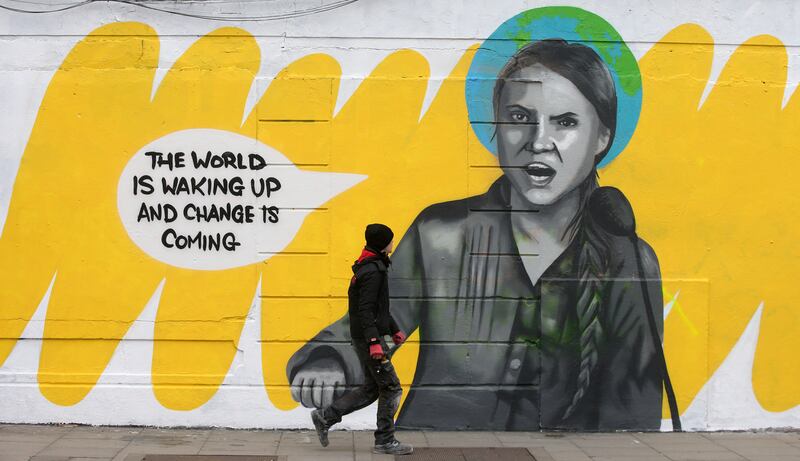 A mural of environmental activist Greta Thunbergby artist Emmalene Blake on Chanery Street in Dublin’s Smithfield. Photograph: Laura Hutton