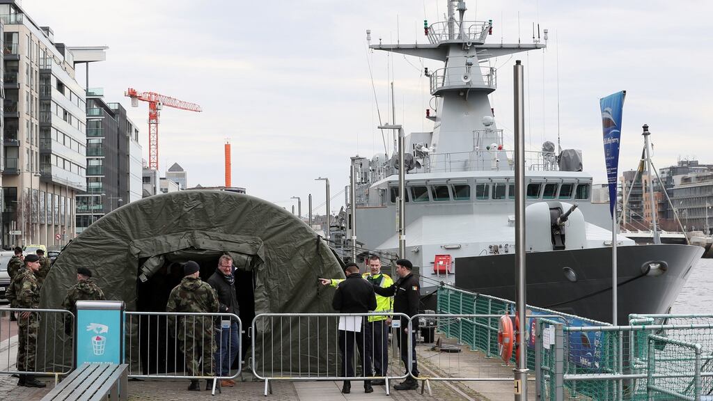 The LÉ Samuel Beckett berthed on Sir John Rogerson’s Quay in Dublin. Photograph: Brian Lawless/PA Wire