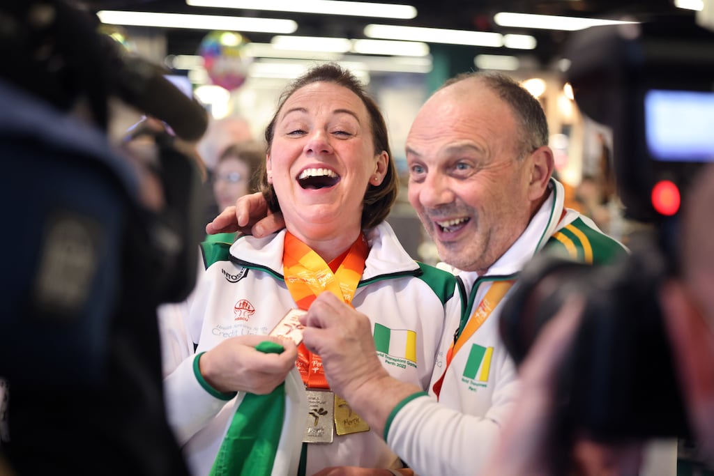 Mairead O’ Mahony and Pat O’Sullivan from Cork after representing Ireland at the World Transplant Games in Australia at Dublin Airport. Photograph: Dara Mac Dónaill