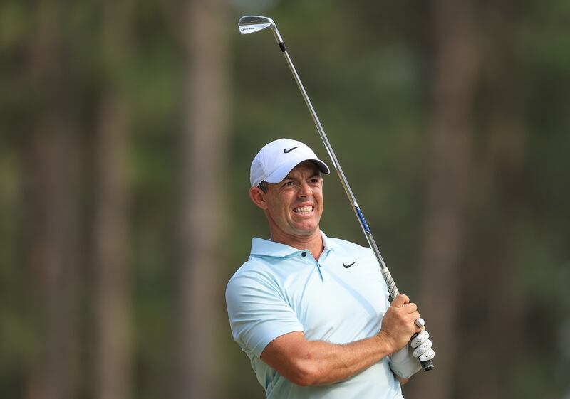 Rory McIlroy of Northern Ireland reacts to his tee shot on the 15th hole at Pinehurst. Photograph: David Cannon/Getty