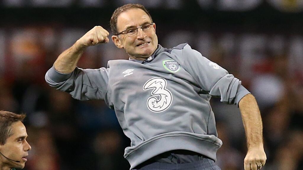 Republic of Ireland manager Martin O’Neill celebrates after the memorable victory over world champions Germany at the Aviva Stadium. Photo: Brian Lawless/PA Wire.