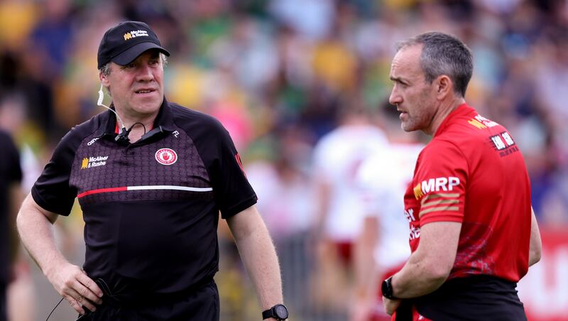 Tyrone have two shrewd managers in Fergal Logan and Brian Dooher who have been here before and will know the Kerry players inside-out.  Photograph: John McVitty/Inpho