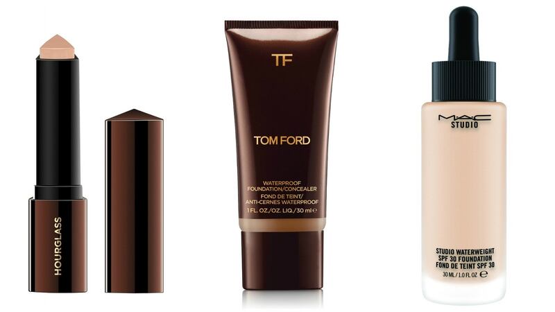 Hourglass Vanish Seamless Finish Foundation Stick (€50 from Space NK); Tom Ford Waterproof Foundation/Concealer (€77); MAC Studio Waterweight Foundation (€36.50)