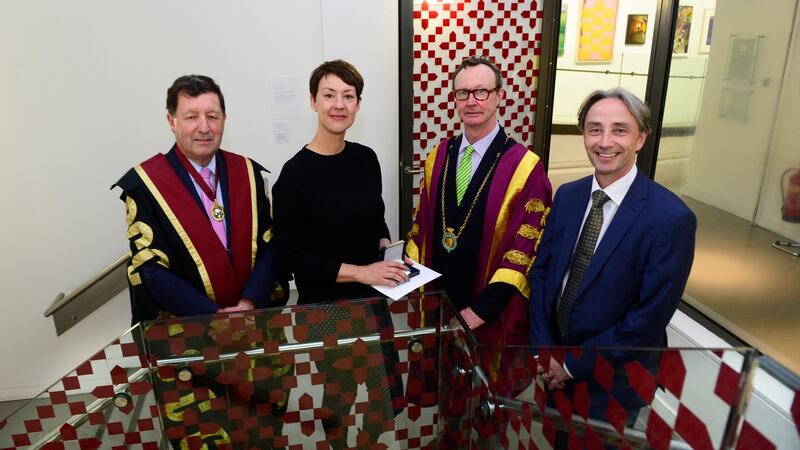 From left, Prof John Hyland, president of the RCSI, with the artist Miranda Blennerhassett, Mick O’Dea, president of the RHA, and Paul O’Neill, Editor of The Irish Times, with Blennerhassett’s installation RHA, which has won this year’s RCSI Art Award. Photograph: Cyril Byrne