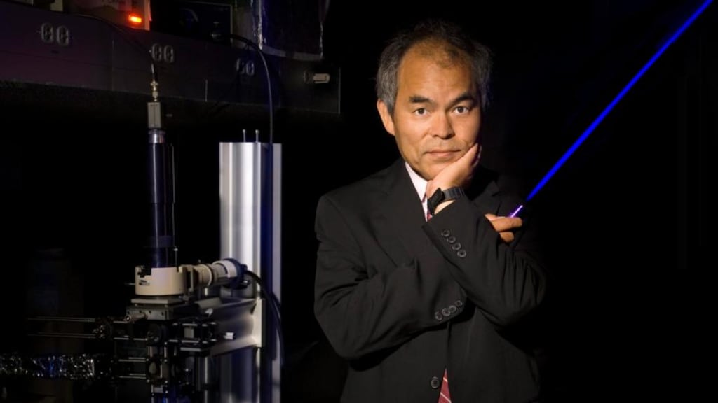 Professor Shuji Nakamura with a Blue Laser-LED, who has won the 2014 Nobel Prize in Physics with Isamu Akasaki and Hiroshi Amano ‘for the invention of efficient blue light-emitting diodes which has enabled bright and energy-saving white light sources.’ Photograph: Randall Lamb/University of Cal/EPA