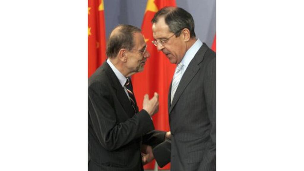EU foreign policy chief Javier Solana (left) and Russian foreign minister Sergei Lavrov discussing Iran's nuclear programme at the foreign ministry in Berlin yesterday