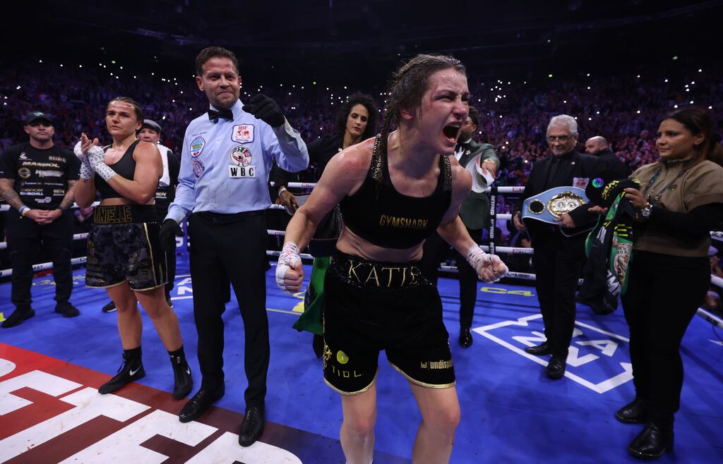 Katie Taylor celebrates her win over Chantelle Cameron. Photograph: Mark Robinson/Getty