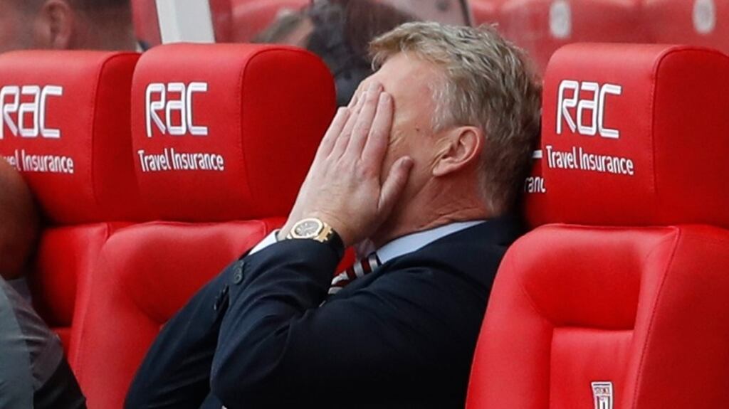 Sunderland manager David Moyes looks dejected after seeing his side lose to Stoke City in the Premier League. Photo: Reuters