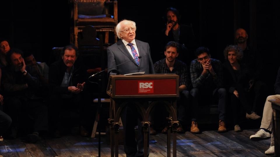 President Michael D Higgins gives a speech on stage in front of the cast of Henry IV Part I at the Royal Shakespeare Company in Statford-upon-Avon. Photograph: PA