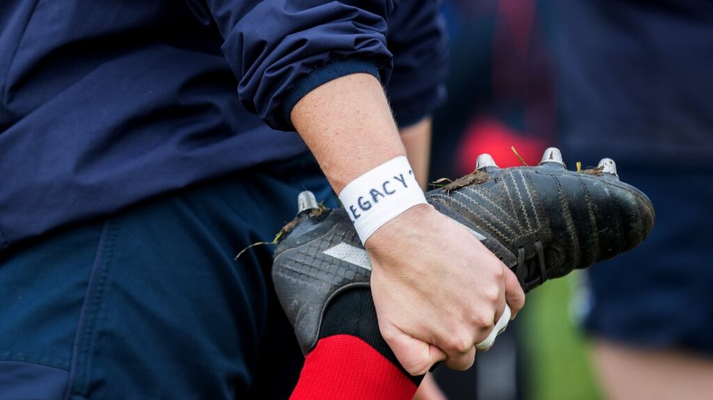 A player wears a “legacy” wristband to protest the abominable treatment of women’s rugby by the IRFU. Photograph: Oisin Keniry/Inpho