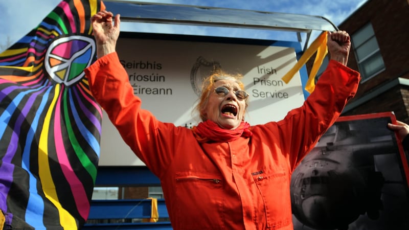 Margaretta D’Arcy on her release from Mountjoy prison, Dublin. Photograph: Nick Bradshaw