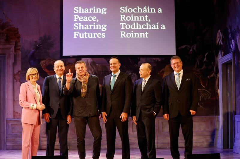 Taoiseach Leo Varadkar, Tánaiste Michéal Martin, Northern Ireland Secretary of State Chris Heaton Harris, Maroš Šefčovič, vice-president of the European Commission, European Commissioner Mairead McGuinness and director Alan Gilsenan at the Sharing Peace, Sharing Futures event in the Abbey Theatre. Photograph: Julien Behal