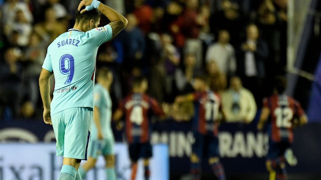 Barcelona striker Luis Suarez during the Catalan club’s first league defeat of the season at the Ciutat de Valencia stadium in Valencia. Photograph: Getty Images