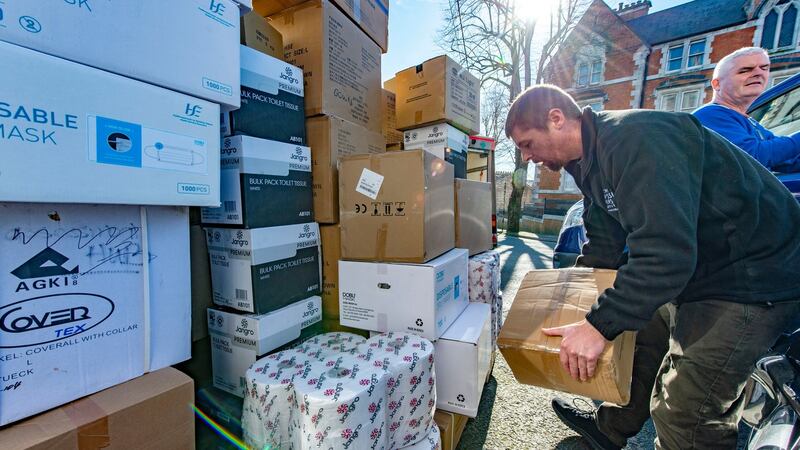Members of Cork Search and Rescue loading up emergency supplies at the Collection Point of the North Cathedral Visitor Centre. Photograph: Michael Mac Sweeney/Provision