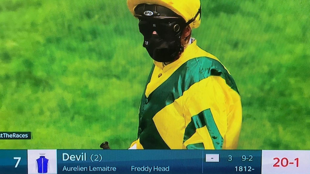 Screen grab taken from Sky Sports Racing of a Jockey wearing a face mask before a race at Paris Longchamp. Photo Sky Sports Racing/PA Wire