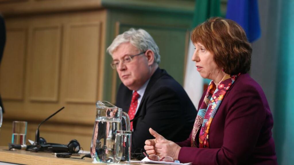 Tánaiste and Minister for Foreign Affairs Eamon Gilmore and Catherine Ashton, Vice-President of the European Commission, attend a press conference at the conclusion of the informal meeting of EU foreign ministers  at Dublin Castle today. Photograph: Justin MacInnes / MacInnes Photography/Department of the Taoiseach