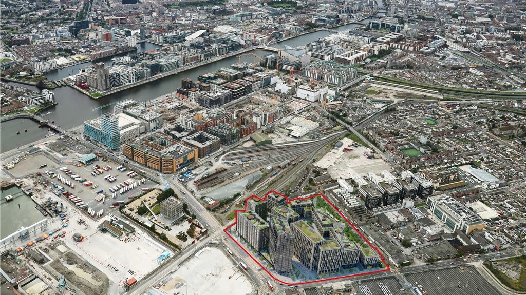 An aerial view of the Dublin docklands with a computer generated image of the proposed Brick Yards scheme