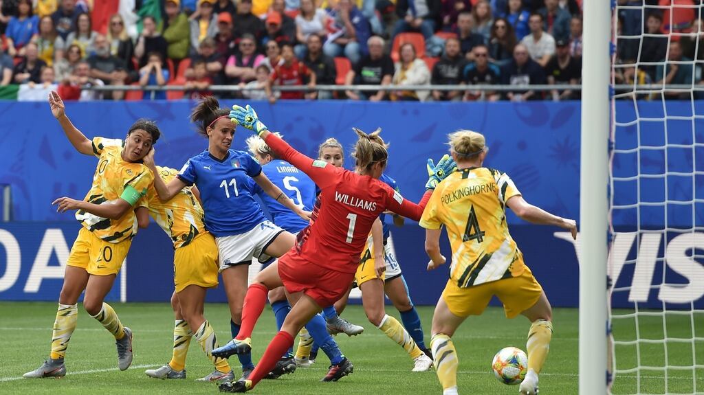Barbara Bonansea scores Italy’s winner against Australia in the World Cup Group C clash at Stade du Hainaut on in Valenciennes, France. Photograph: Tullio M. Puglia/Getty Images