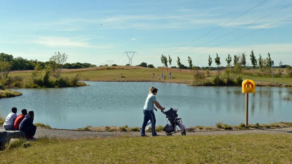 The scene at Tyrrelstown park, West Dublin, where a child drowned in the pond near his home today. Photograph: Eric Luke / The Irish Times