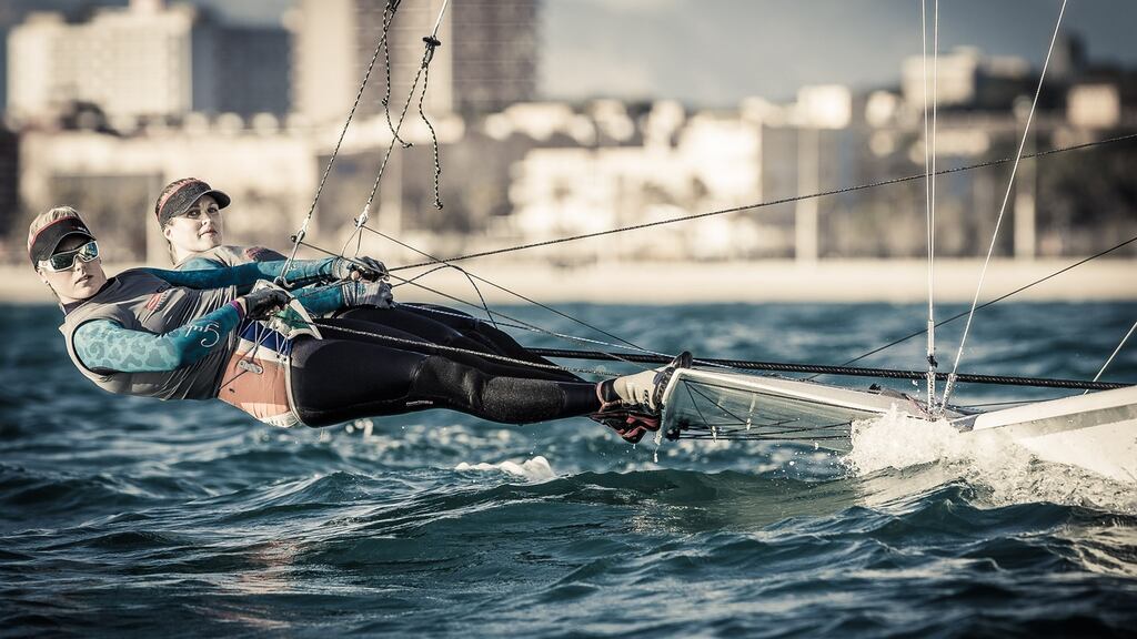 Andrea Brewster and Saskia Tidey (foreground) have a six-nation fight for Olympic selection in the 49erfx class next month in Spain. Photo: Brian Carlin.
