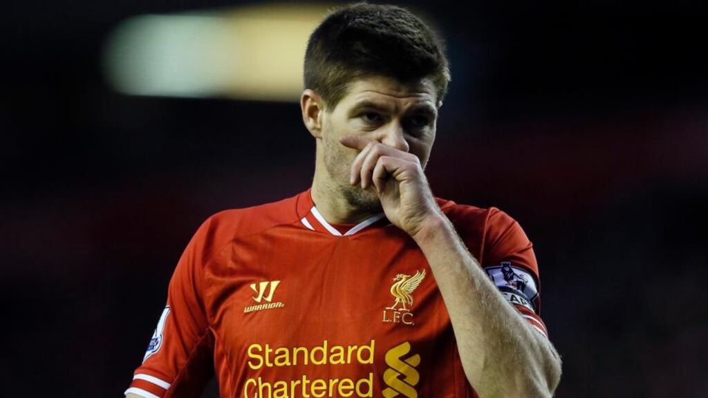 Liverpool’s Steven Gerrard is out forsix weeks. Photograph: Phil Noble/Reuters
