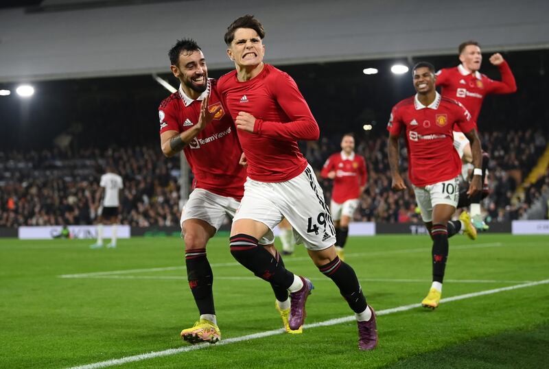 Alejandro Garnacho of Manchester United celebrates scoring the winner against Fulham during their Premier League match at Craven Cottage, London. Photograph: Justin Setterfield/Getty Images