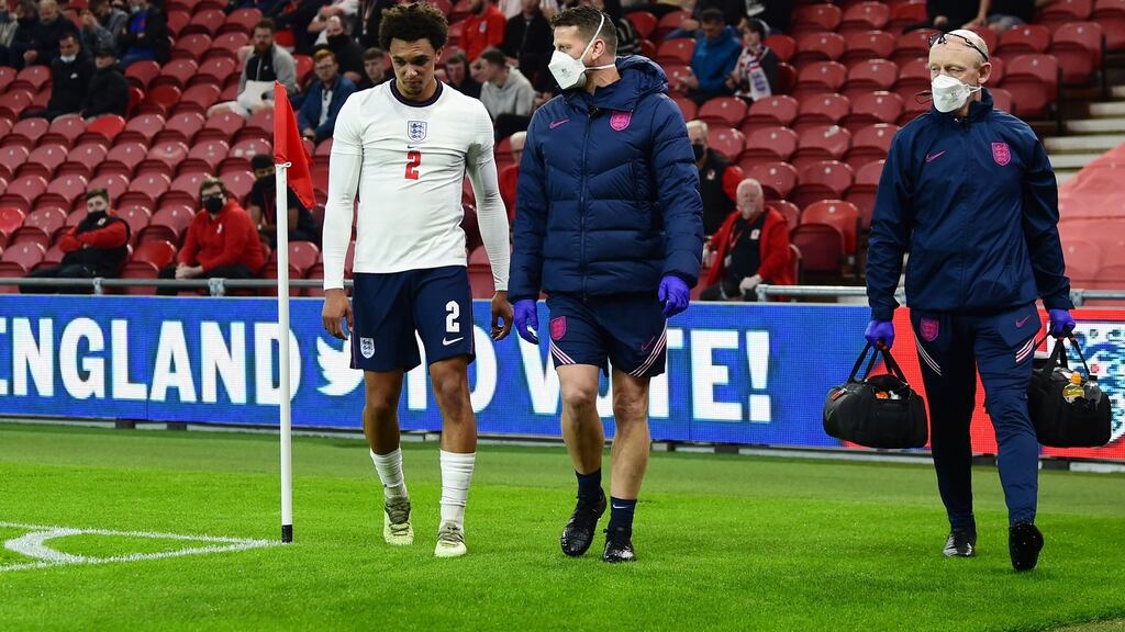 Trent Alexander-Arnold is substituted after picking up an injury during the international friendly match between England and Austria. Photo: Peter Powell - Pool/Getty Images