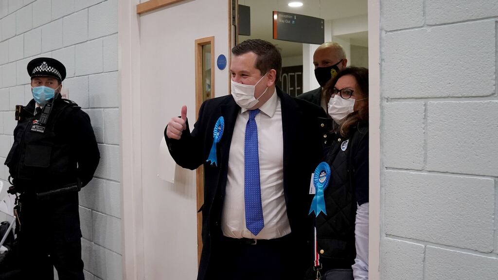 Conservative candidate Louie French greets supporters as he arrives for the Old Bexley and Sidcup byelection result. Photograph: Gareth Fuller/PA Wire