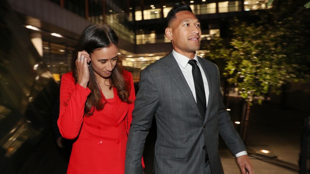 Israel Folau pictured with wife Maria - the former Wallaby has reached a settlement with Rugby Australia. Photograph: David Crosling/EPA