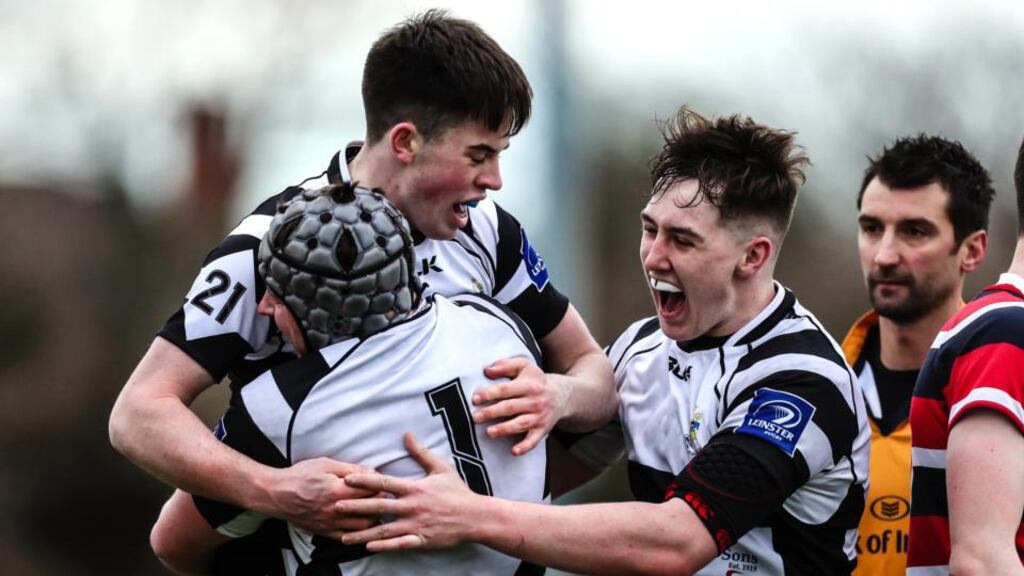 Roscrea players celebrate a Liam Crowley try against Wesley. Photograph: Laszlo Geczo/Inpho