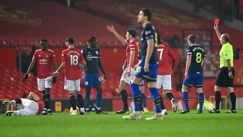 Southampton’s Alex Jankewitz is shown an early red card at Old Trafford. Photograph: Laurence Griffiths/Getty