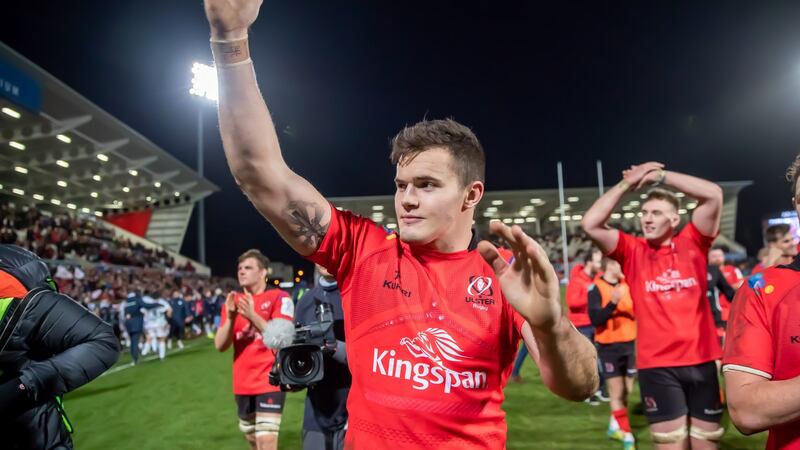 Jacon Stockdale’s brace of tries set up Ulster’s win against Racing. Photograph: Morgan Treacy/Inpho