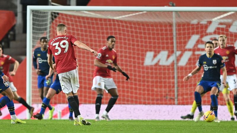 Scott McTominay scores Manchester United’s sixth against Soithampton. Photograph: Laurence Griffiths/PA