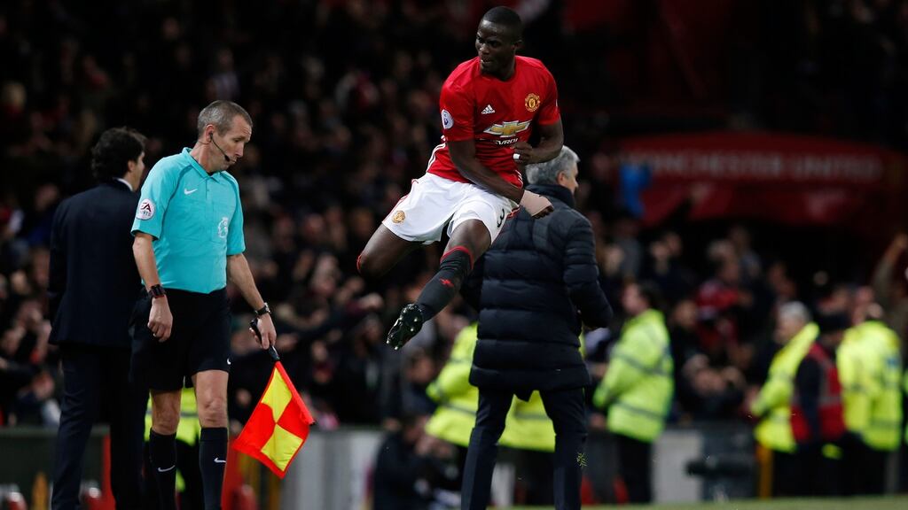 Manchester United manager José Mourinho and defender Eric Bailly celebrate after Paul Pogba scored winning goal against Middlesbrough at weekend. Phbotograph: Andrew Yates/Reuters